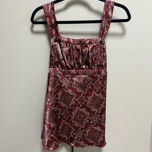 Y2K Self Esteem Satin Boho Print Tank Top Large Red Gold Festival 90s Vintage